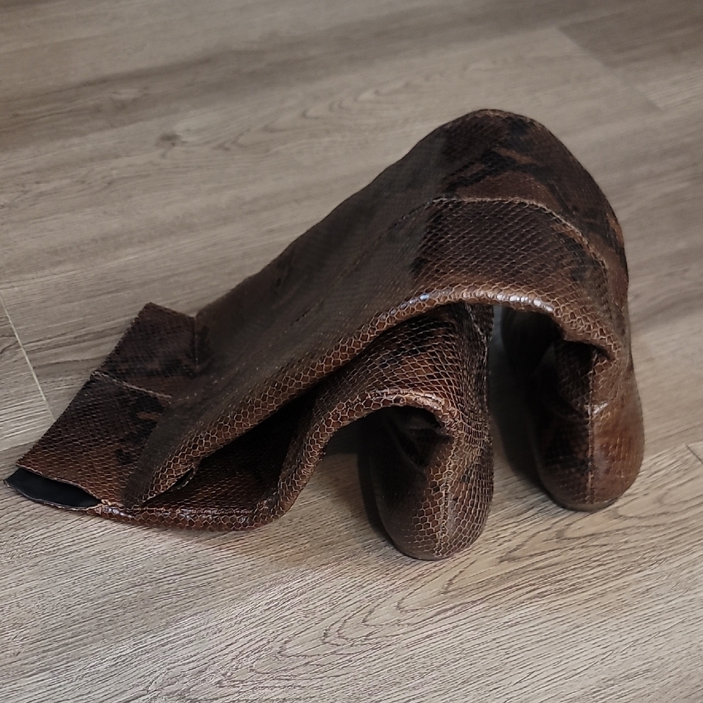 Brown Leather Snakeskin Embossed Knee-High Boots - Picture 15 of 16